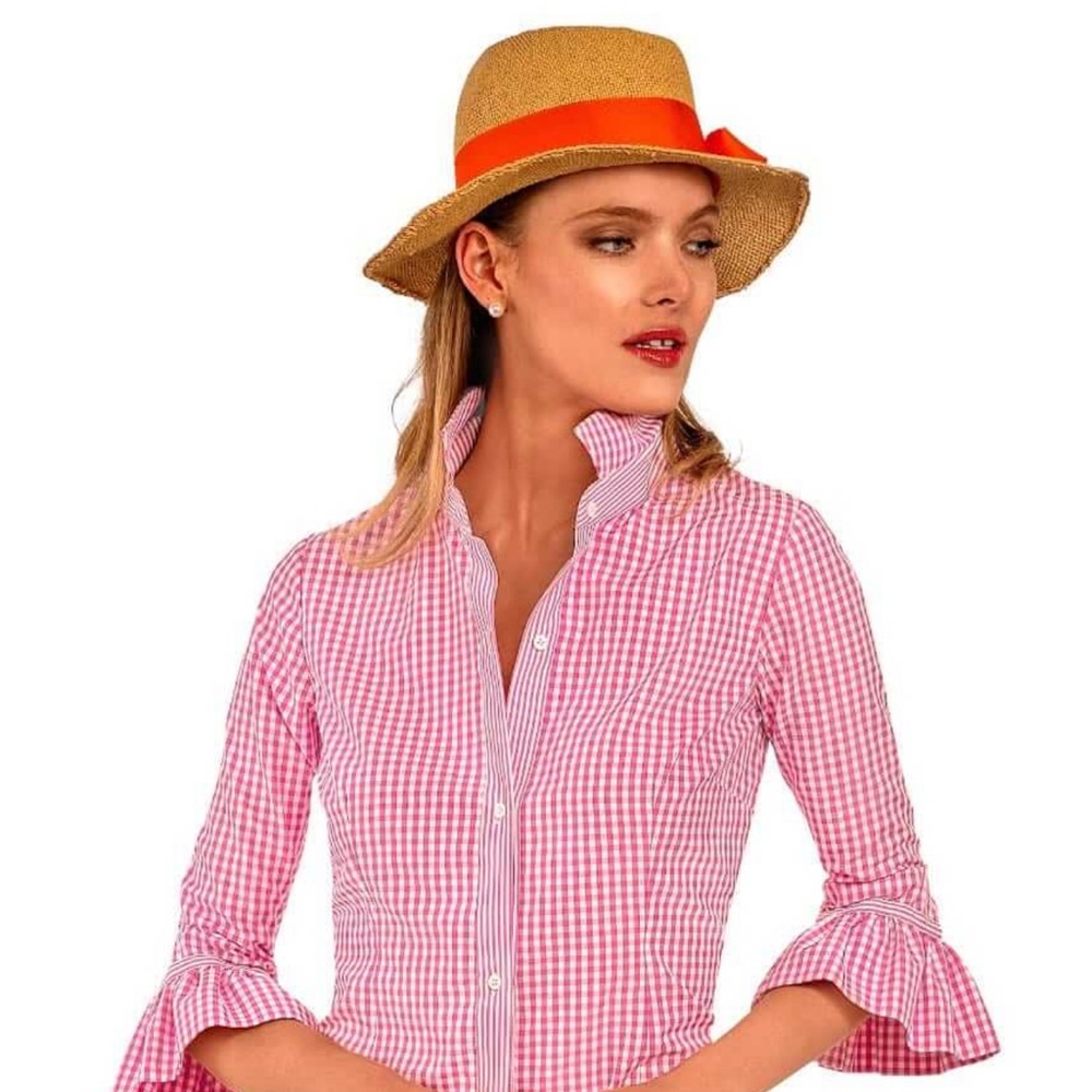 Gretchen Scott Pink Gingham Blouse with Ruffle Sleeves